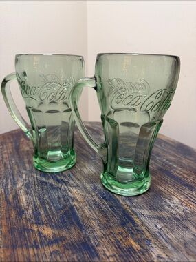 Coca Cola Green Glass Mugs with Embossed Logo - Pair
